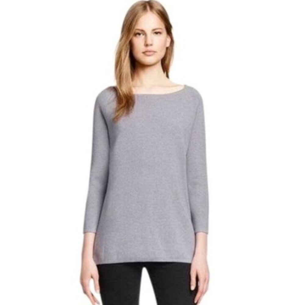 Tory Burch Womens S 100% Merino Wool Long Sleeve Boat Neck Sweater Gray Side Zip